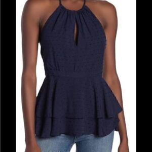 Parker Swiss Dot Peplum Keyhole Navy Halter Top XS